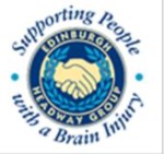 Image shows original Edinburgh Headway logo. Image is of a blue circle with two hands shaking in the middle. Text reads 'supporting people with a brain injury'