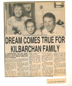 Image shows old newspaper article with the title 'dream comes true for Kilbarchan family'