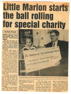 Image shows old news paper clipping of Bobath first opening. Title 'Little Marion starts the ball rolling for specialist charity'. 