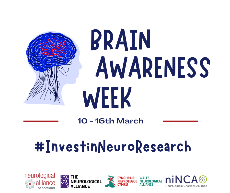 Image of a red and blue cartoon head with a brain inside. Text says: Brain Awareness Week 10th- 16th March. #InvestInNeuroResearch