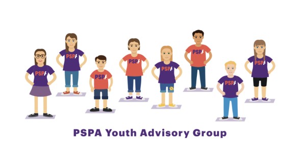 PSPA youth advisory group. Graphic of cartoon boys and girls. 