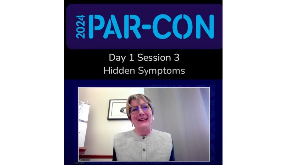 PAR-CON hidden symptoms session day 1 session 3. Image of woman smiling into the camera via a video link. 